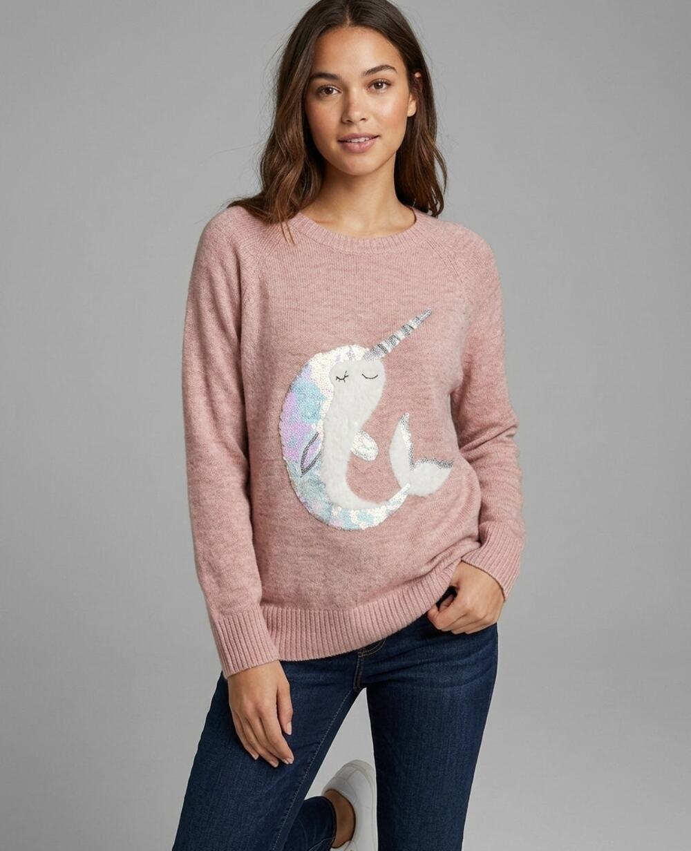 LC Lauren Conrad Narwhal Sweater Womens L Pink Sequin Fuzzy Graphic Knit Cute